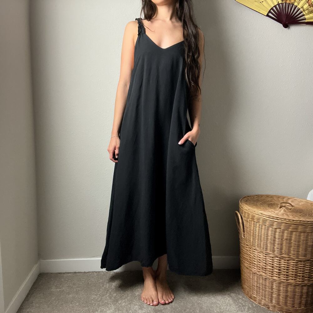 saiph lab black minimalist boho chic linen blend v neck slip maxi flowy dress